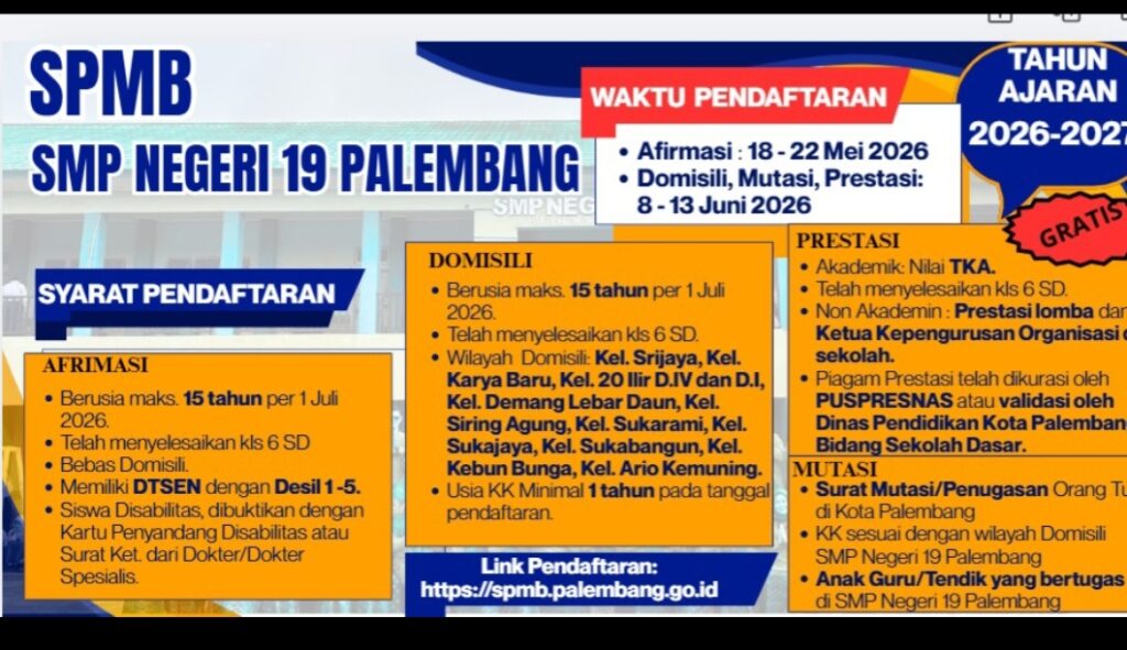 Pendaftaran SPMB SMPN 19 Palembang Tahun Ajaran 2026/2027 Dibuka